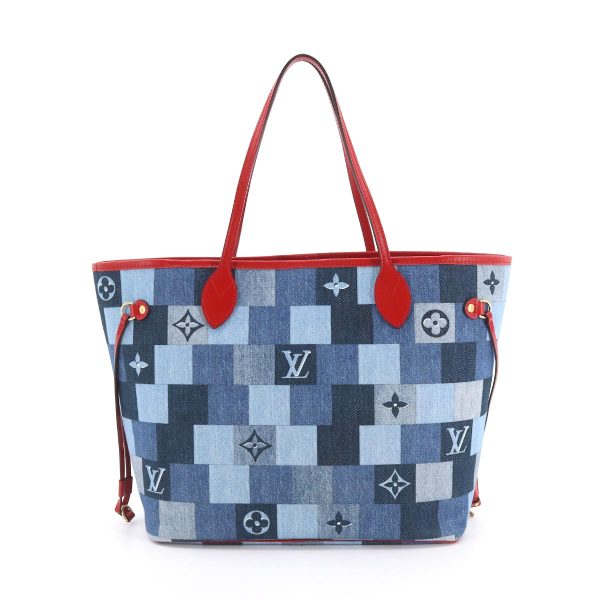 2 Louis Vuitton Denim Monogram Neverfull MM Tote Bag Blue Red