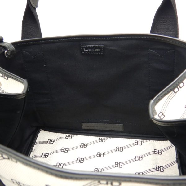 250150 9 Balenciaga Navy Cabas Handbag BB Logo Canvas Leather White Black