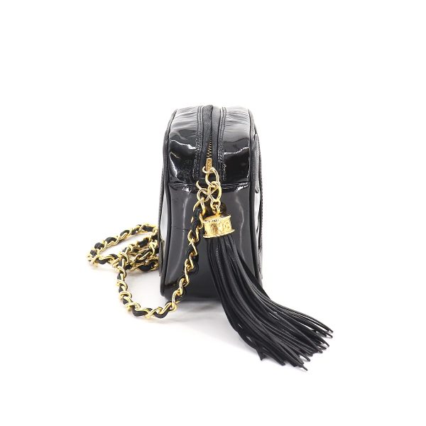 3 Chanel Here Mark Fringe Chain Shoulder Bag Enamel Leather Black Gold Metal Fittings