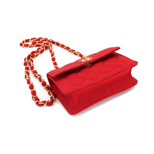 4 Chanel Mini Matelasse Chain Shoulder Bag Satin Red Gold Hardware