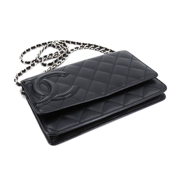 4 Chanel Cambon Line Chain Wallet Bifold Long Wallet Leather Enamel Black Silver Metal Fittings