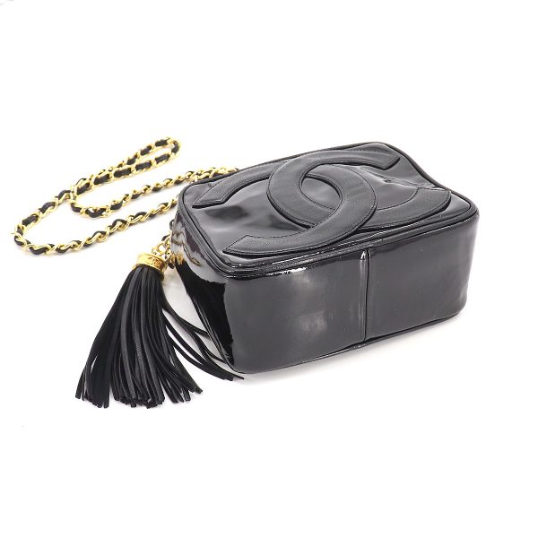 4 Chanel Here Mark Fringe Chain Shoulder Bag Enamel Leather Black Gold Metal Fittings