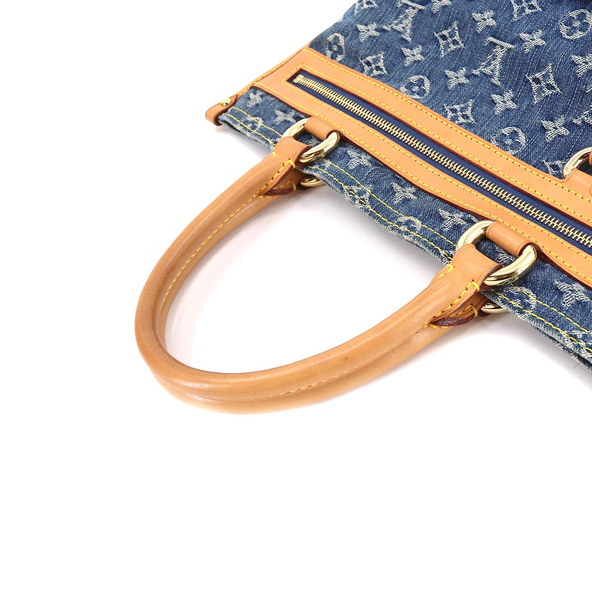 Louis Vuitton Monogram Denim Flat Shopper Tote Bag Blue Gold Hardware - Image 5
