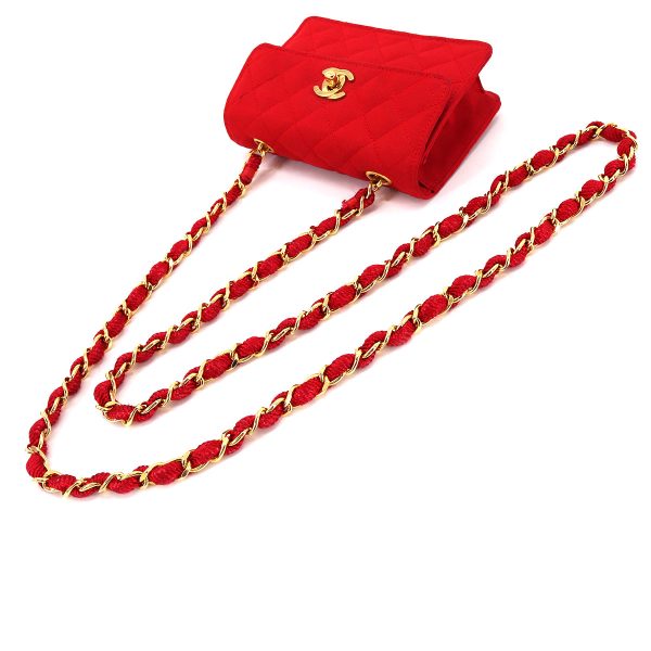 5 Chanel Mini Matelasse Chain Shoulder Bag Satin Red Gold Hardware