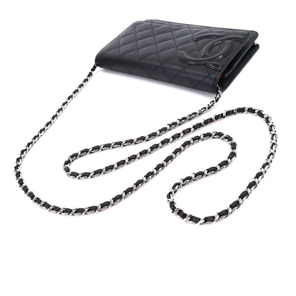 5 Chanel Cambon Line Chain Wallet Bifold Long Wallet Leather Enamel Black Silver Metal Fittings