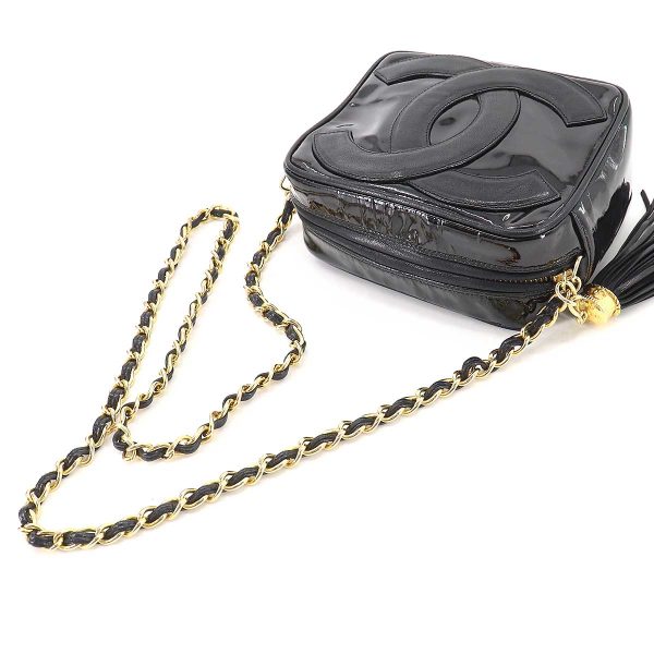 5 Chanel Here Mark Fringe Chain Shoulder Bag Enamel Leather Black Gold Metal Fittings