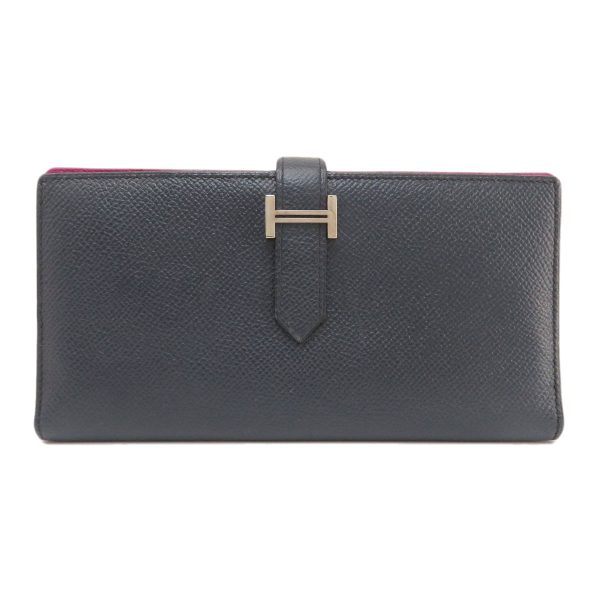 55714511 1 Hermes Bearn Souffle Bleu Nuit Rose Purple Silver Metal Fittings Long Wallet