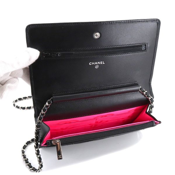 6 Chanel Cambon Line Chain Wallet Bifold Long Wallet Leather Enamel Black Silver Metal Fittings