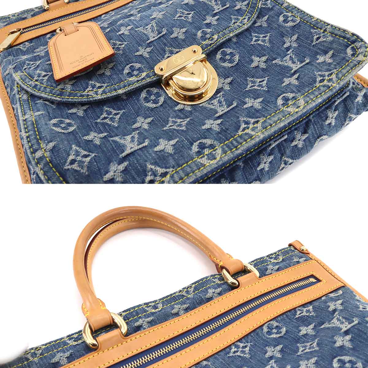 Louis Vuitton Monogram Denim Flat Shopper Tote Bag Blue Gold Hardware - Image 7