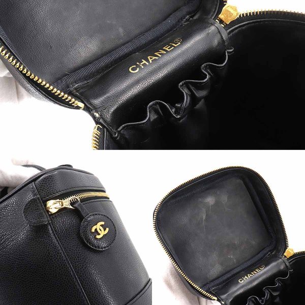 7 Chanel Vanity Hand Bag Caviar Skin Leather Black Cocomark Gold Hardware