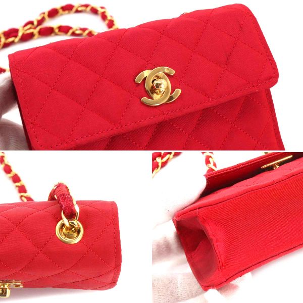 7 Chanel Mini Matelasse Chain Shoulder Bag Satin Red Gold Hardware