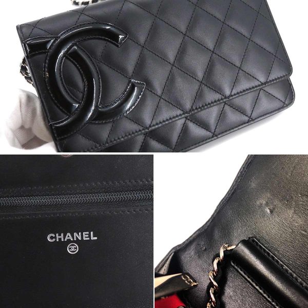 7 Chanel Cambon Line Chain Wallet Bifold Long Wallet Leather Enamel Black Silver Metal Fittings