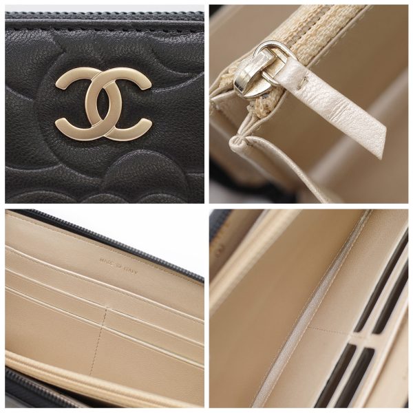 8 Chanel Camellia Long Wallet Black Round Fastener Lambskin Coco Mark