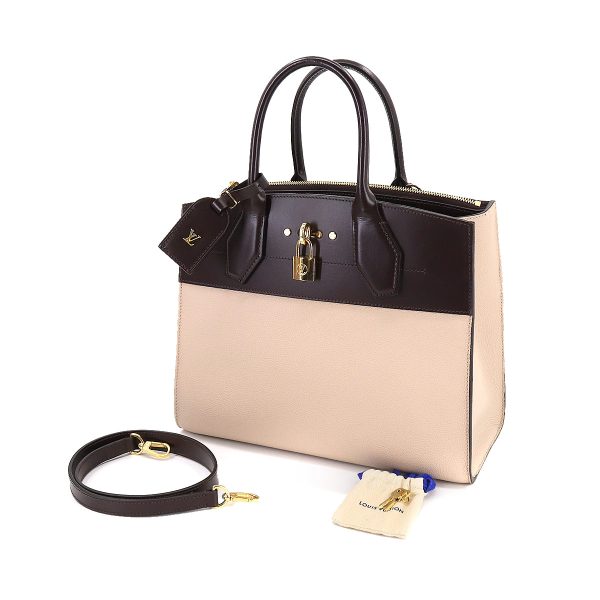 8 Louis Vuitton City Steamer MM 2 Way Hand Shoulder Bag Leather Beige Brown