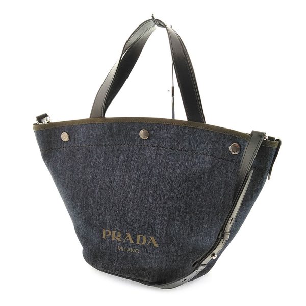 snt 02911 8 Prada Denim Leather Tote Bag Navy Khaki Shoulder