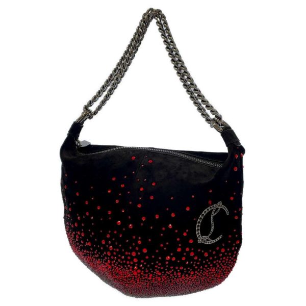 1 Christian Louboutin Chain Shoulder Bag Suede Rhinestone Bag Black