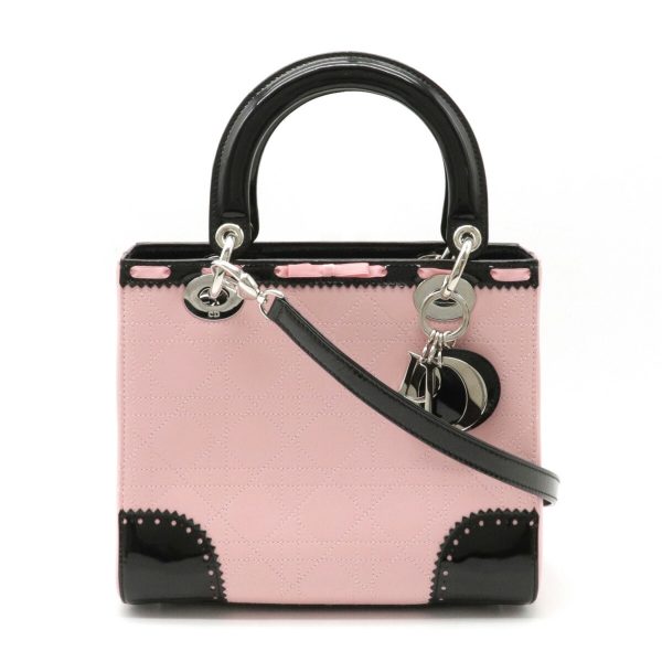 1 Christian Dior Cannage Handbag Leather Enamel Pink Black