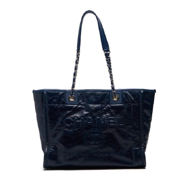 1 Chanel Deauville Double Chain Calf Navy Tote Bag