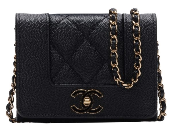 1 Chanel Mini Matelasse Push Lock Chain Caviar Skin Black