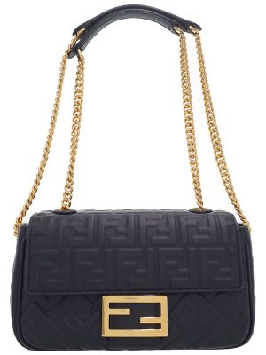 1334016250012 Fendi FF Motif Baguette Chain Midi Black Shoulder Bag