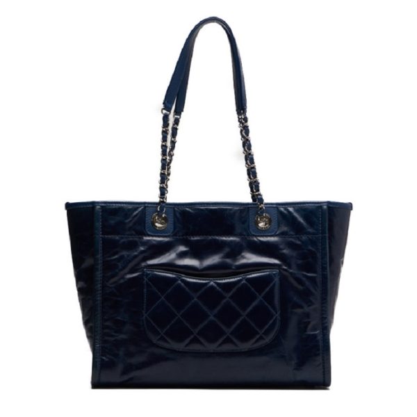 2 Chanel Deauville Double Chain Calf Navy Tote Bag