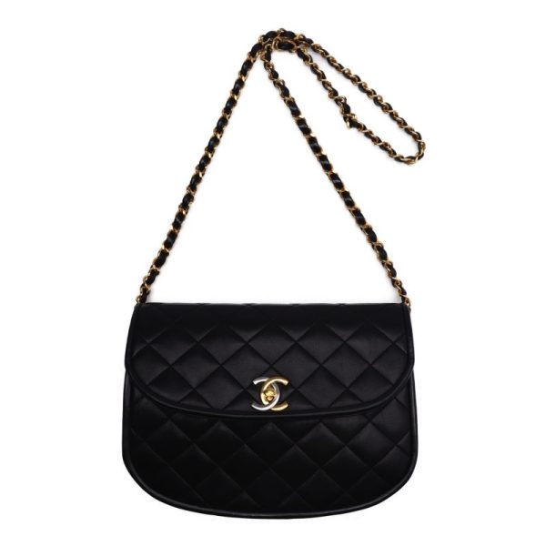 3 Chanel Matelasse Round Flap Chain Lambskin Black