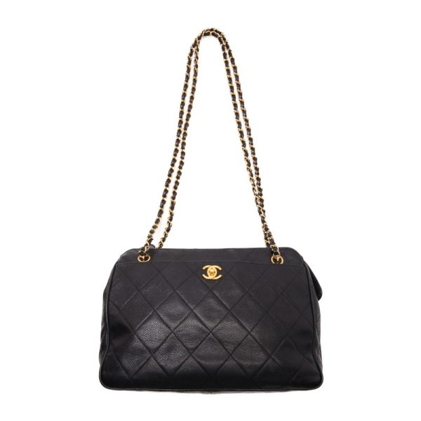 4 Chanel Matelasse Coco Mark Double Chain Shoulder Caviar Skin Black