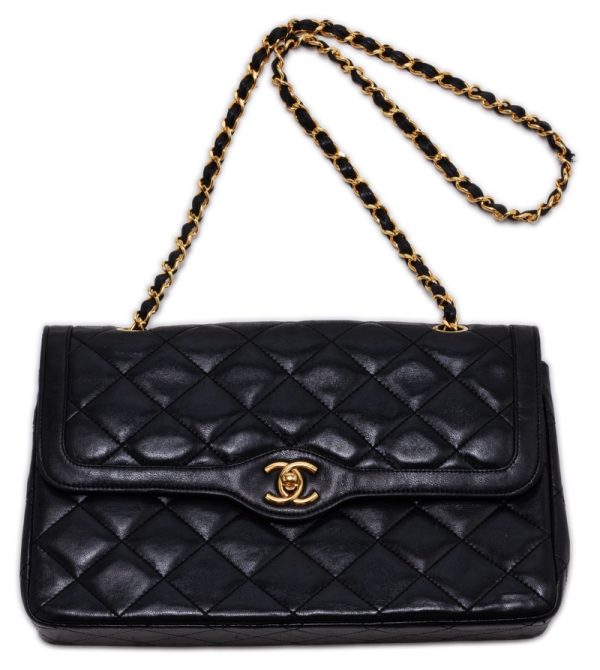 6 Chanel Matelasse Double Flap Chain Lambskin Black