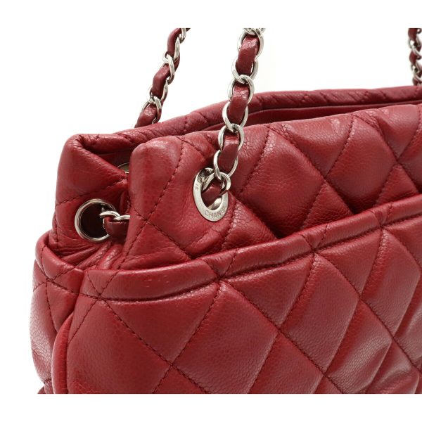 7 Chanel Matelasse Caviar Skin Here Mark Chain Tote Bag Leather Red Silver