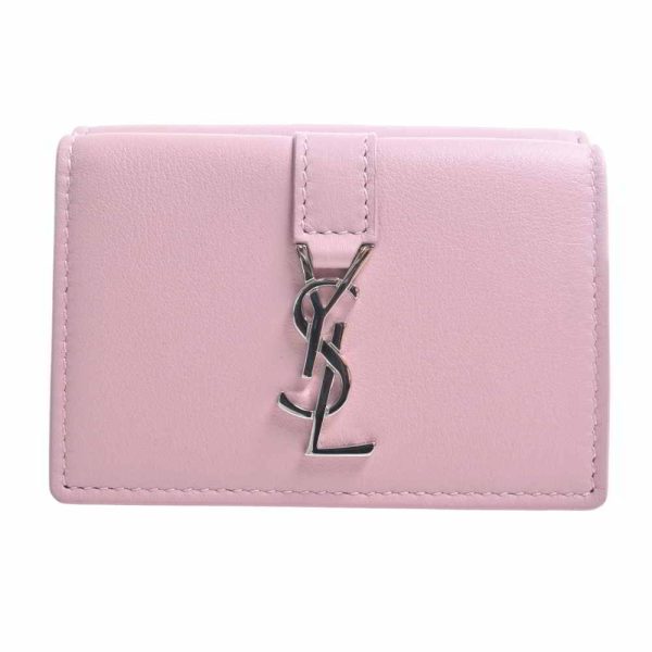 1 Saint Laurent Leather Tiny Wallet Tri fold Compact Wallet Pink