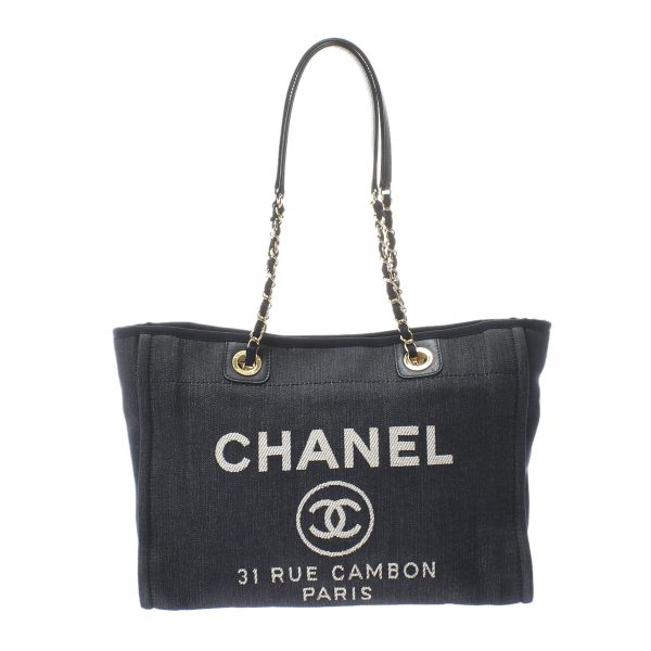 1 Chanel Deauville Medium Navy Gold Hardware Canvas Tote Bag