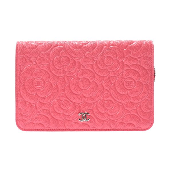 1 Chanel Camellia Chain Wallet Pink Silver Hardware Grained Calfskin Shoulder Bag