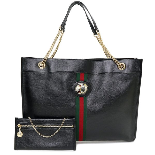 200100056018 Gucci Rajah Tiger Head Chain Tote Bag Calfskin Leather Black