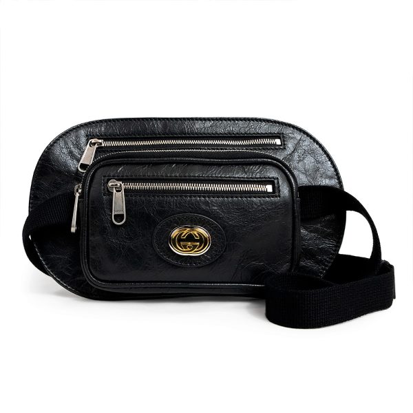 200100859018 Gucci Interlocking GG Crossbody Waist Bag Calfskin Leather Black