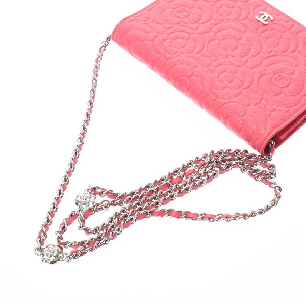 3 Chanel Camellia Chain Wallet Pink Silver Hardware Grained Calfskin Shoulder Bag