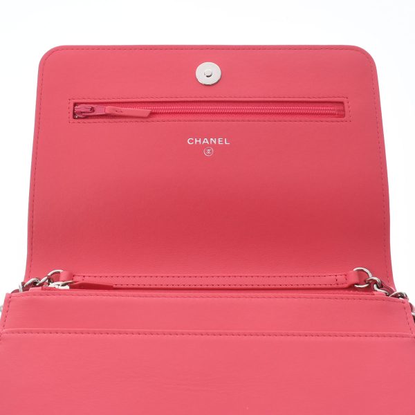 9 Chanel Camellia Chain Wallet Pink Silver Hardware Grained Calfskin Shoulder Bag