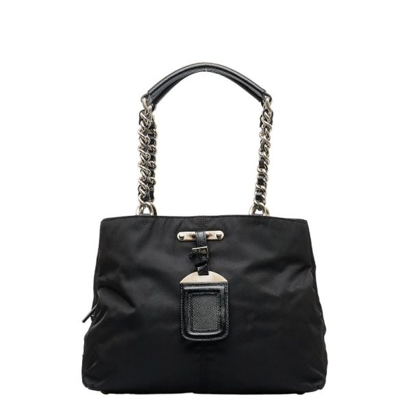 1 0110418 1 Prada Side Logo Tessuto Saffiano Chain Shoulder Bag Black