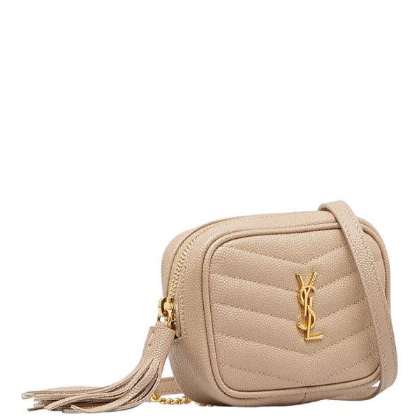 1 0112179 2 Saint Laurent Mini Chain Shoulder Bag Beige Gold Leather