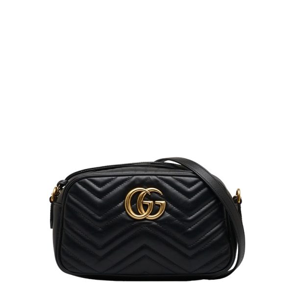 1 0122242 1 Gucci GG Marmont Crossbody Chain Shoulder Bag Black Leather