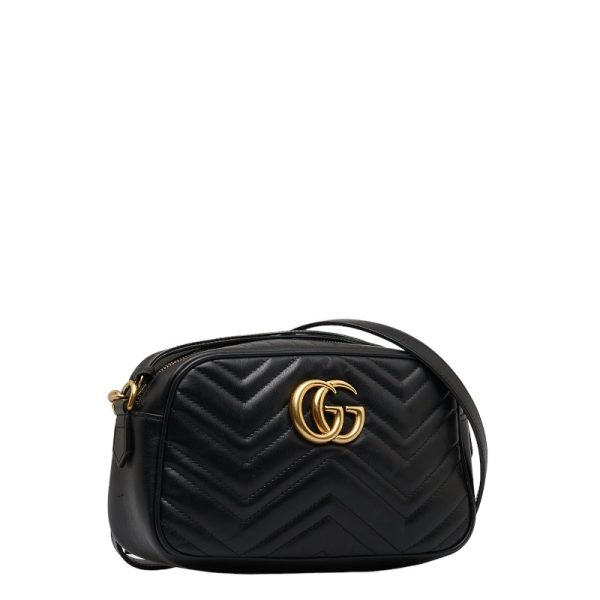 1 0122242 2 Gucci GG Marmont Crossbody Chain Shoulder Bag Black Leather