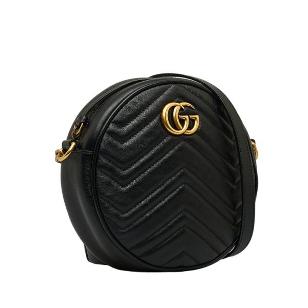 1 0122742 2 Gucci GG Marmont Round Mini Shoulder Bag Black Gold Leather