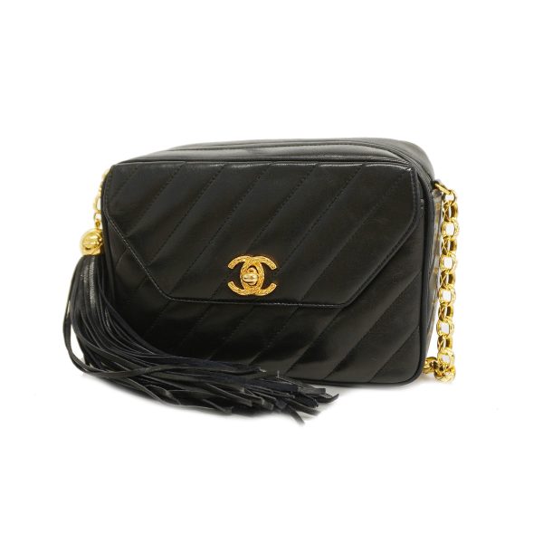 1 Chanel Fringe Shoulder Bag Chain Lambskin Black Gold