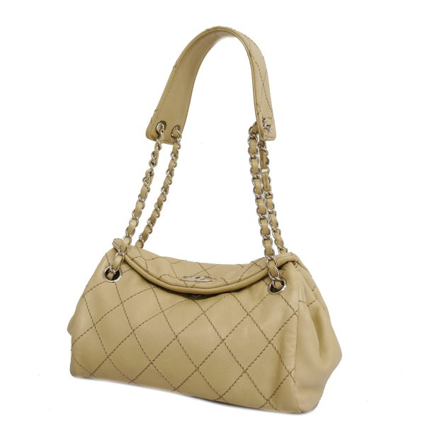 1 Chanel Shoulder Bag Wild Stitch Leather Beige Silver