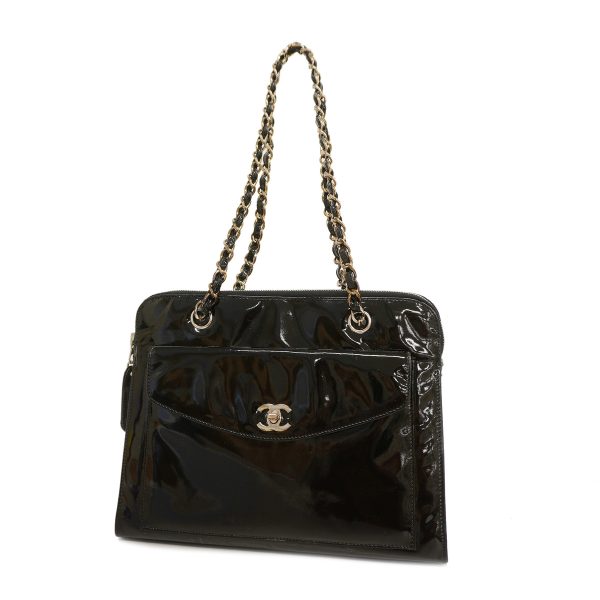 1 Chanel Shoulder Bag Chain Patent Leather Black