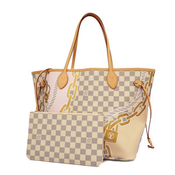 1 Louis Vuitton Tote Bag Damier Azur Neverfull MM graffiti Chain White