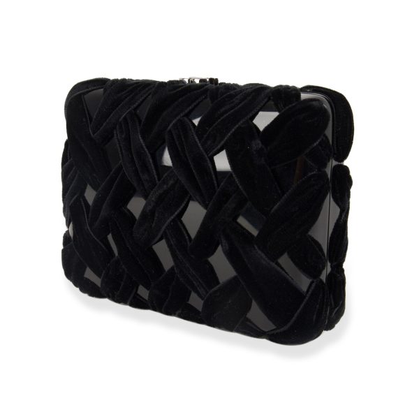 105213 av Chanel Black Velvet Resin Box Clutch with Chain