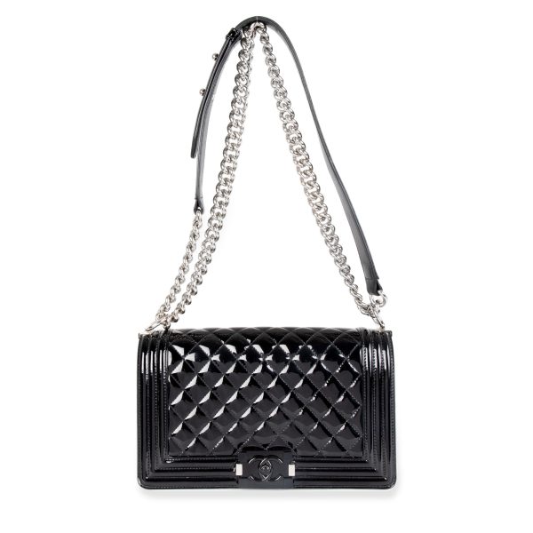 105792 pv Chanel Black Patent Leather Quilted Old Medium Boy Bag