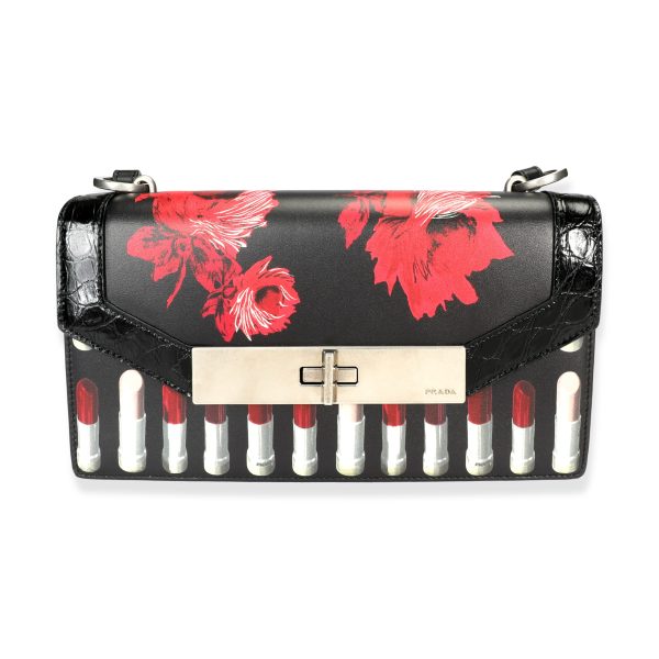 106960 fv Prada Black Floral Lipstick Print Leather Séverine Bag