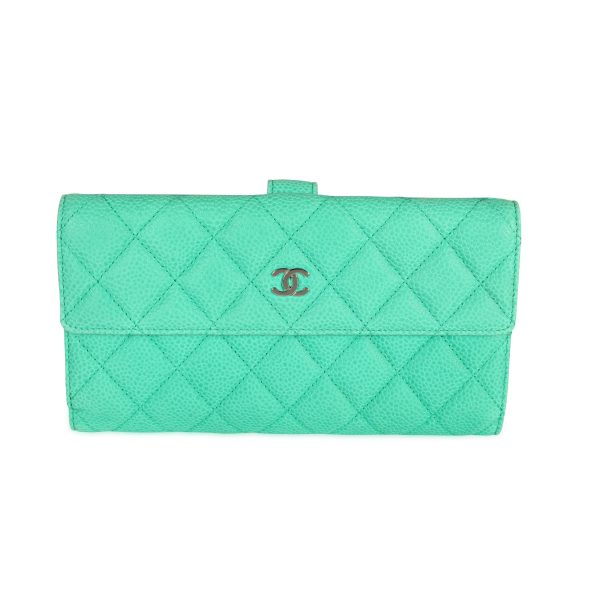 107361 fv Chanel Mint Green Caviar Quilted Long Flap Wallet