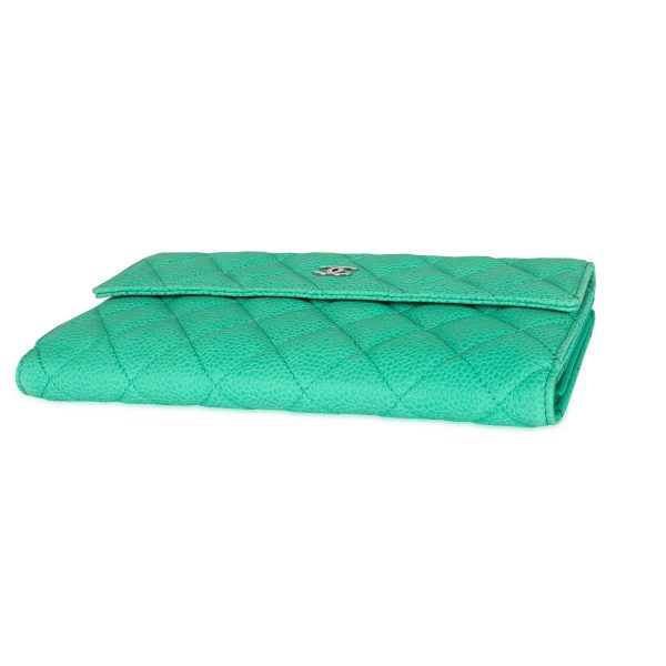 107361 stamp Chanel Mint Green Caviar Quilted Long Flap Wallet